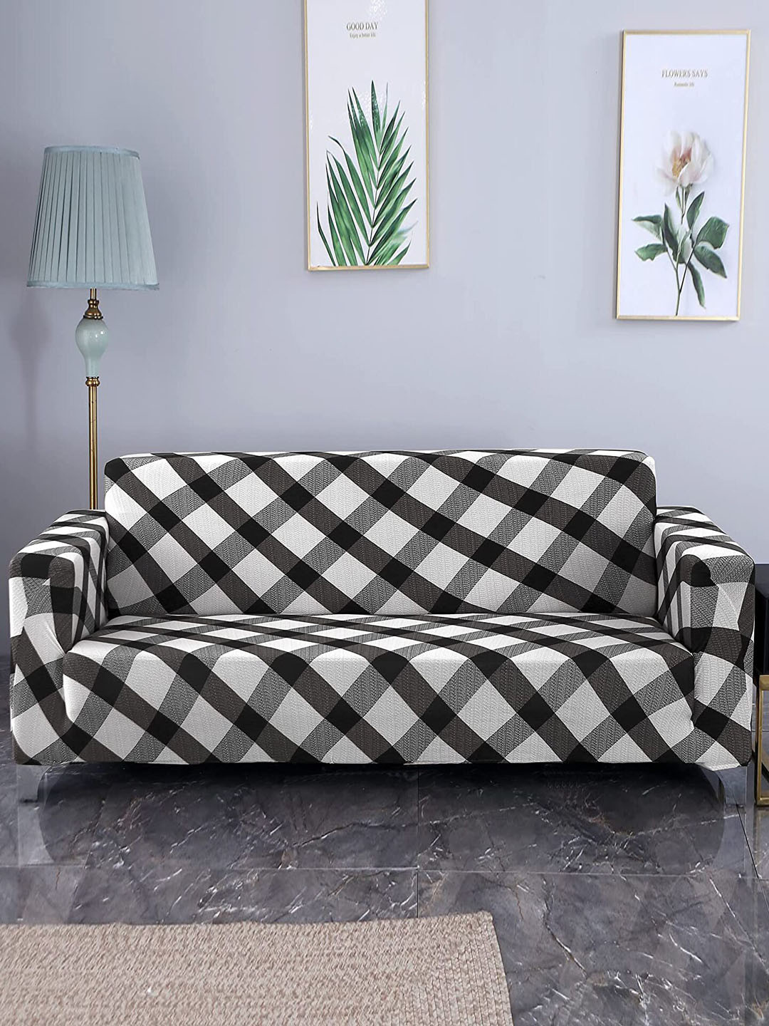 HOUSE OF QUIRK Universal Black & White Checked Stretchable 2-Seater Sofa Slip Cover