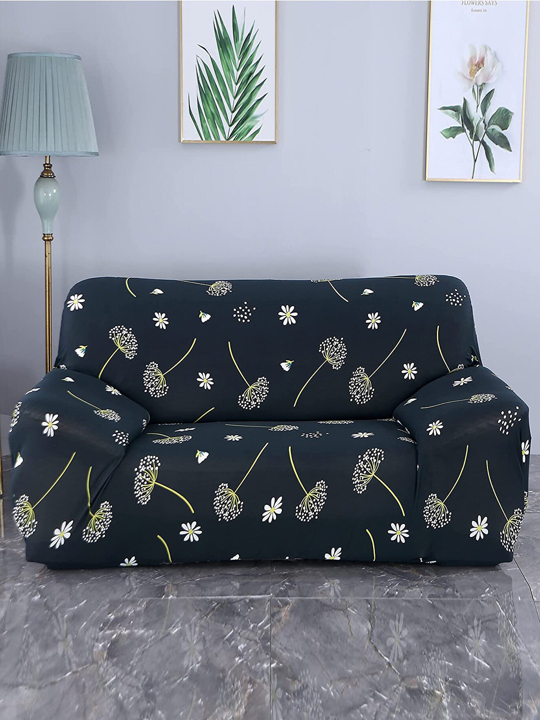 HOUSE OF QUIRK Universal Black & White Printed Flexible Stretchable 2-Seater Sofa Cover