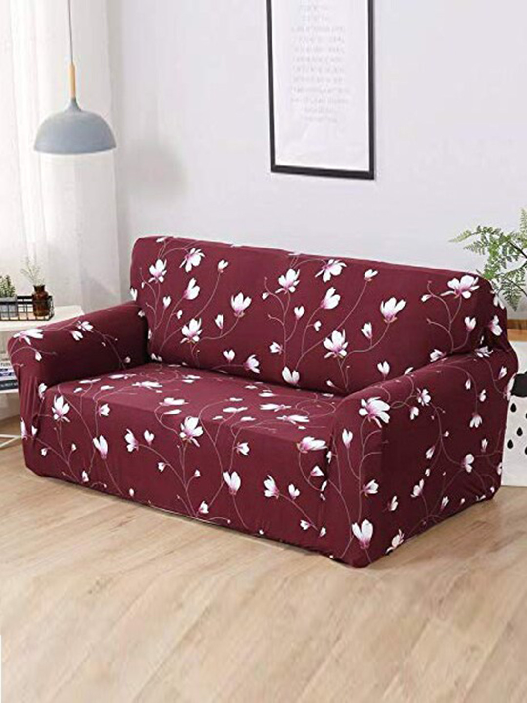 HOUSE OF QUIRK Universal Maroon & White Printed Stretchable 2-Seater Sofa Slip Cover