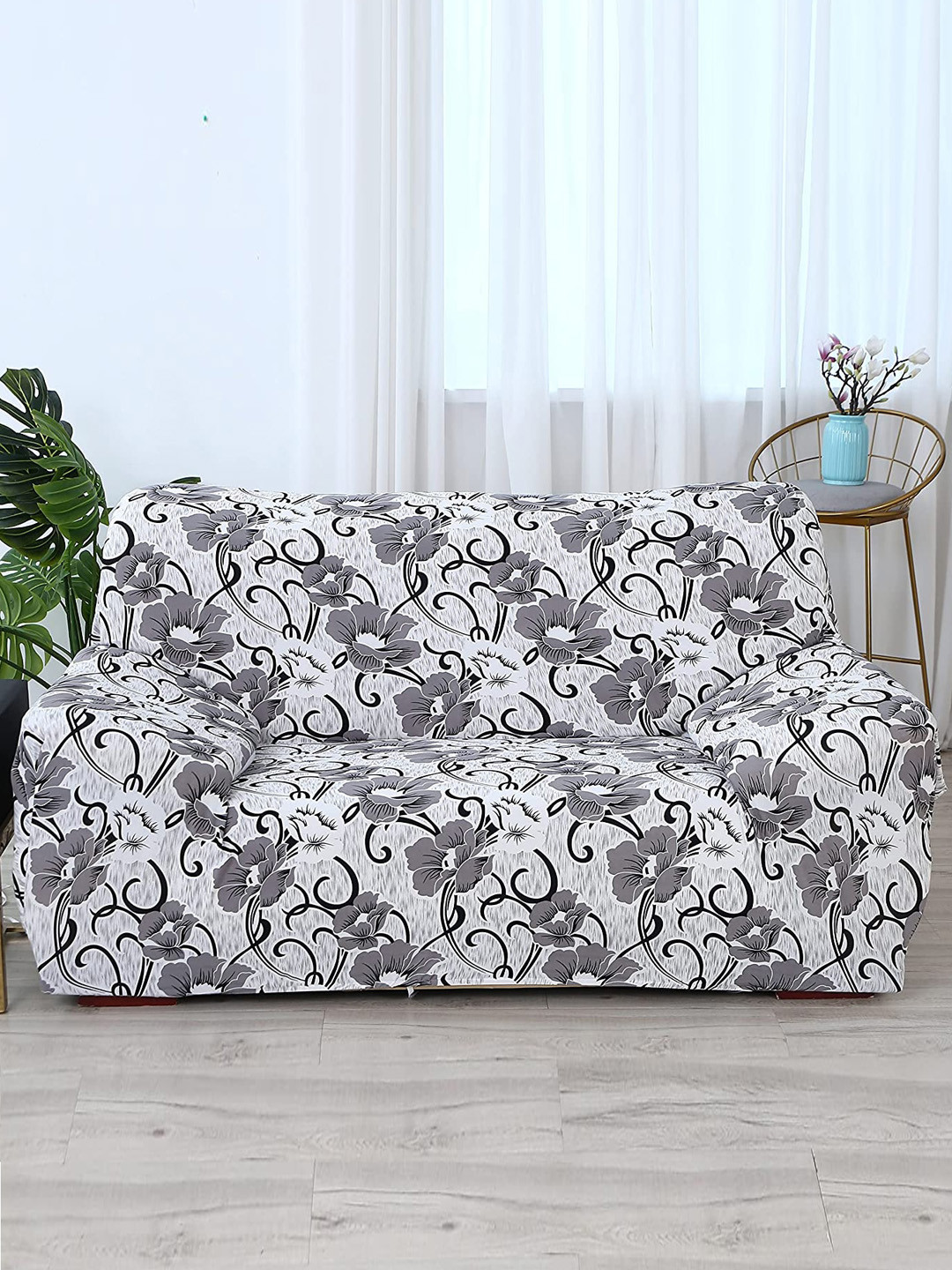 HOUSE OF QUIRK Universal Grey & White Printed Flexible Stretchable 2-Seater Sofa Cover