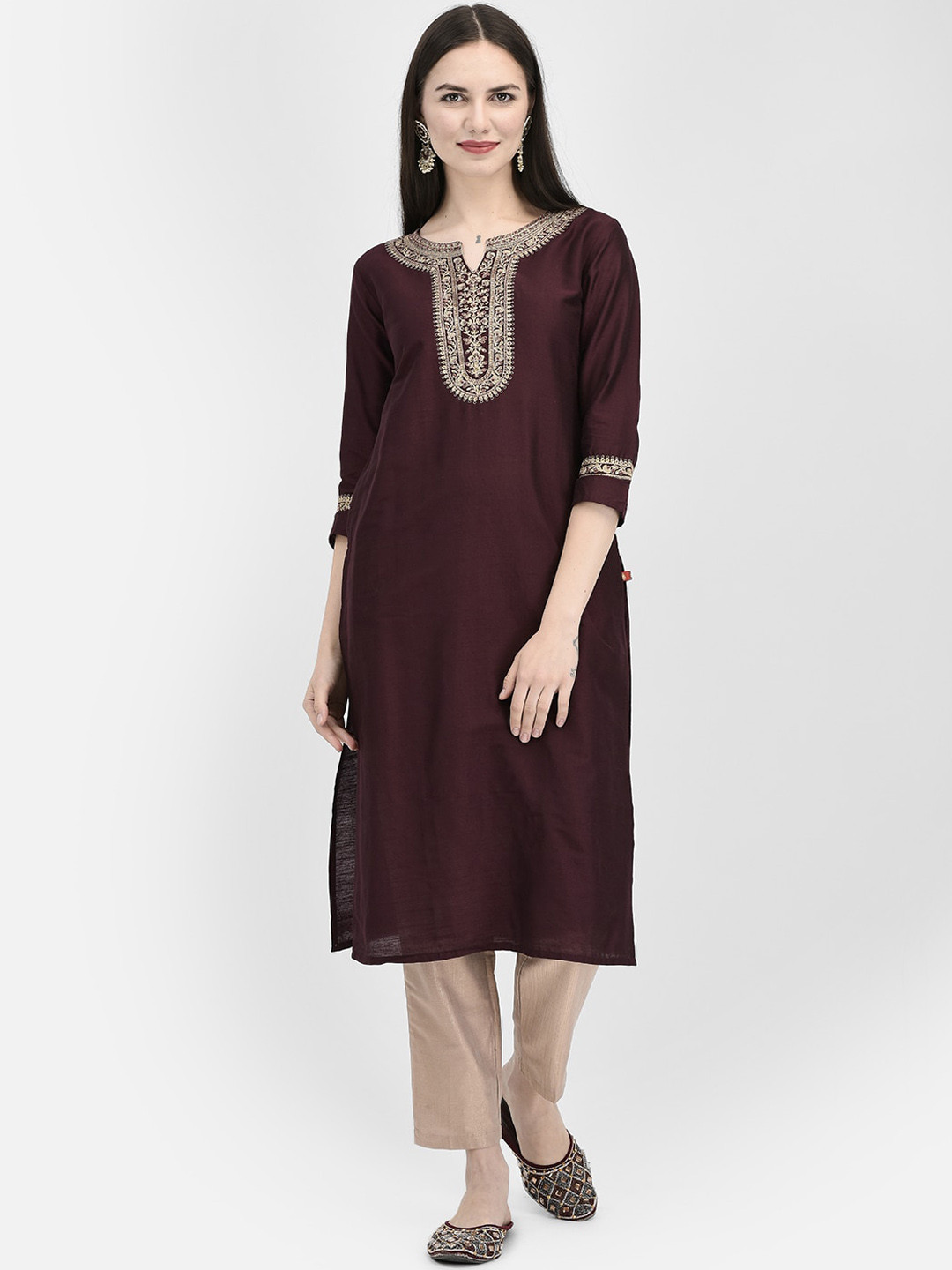 Span Yoke Design Straight Embroidered Calf Length Silk Kurta