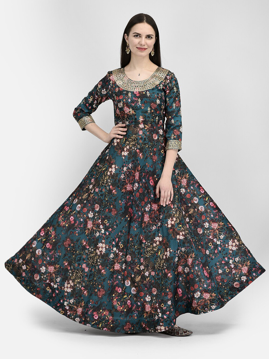 Span Floral Printed Sequinned Fit and Flare Ethnic Dress