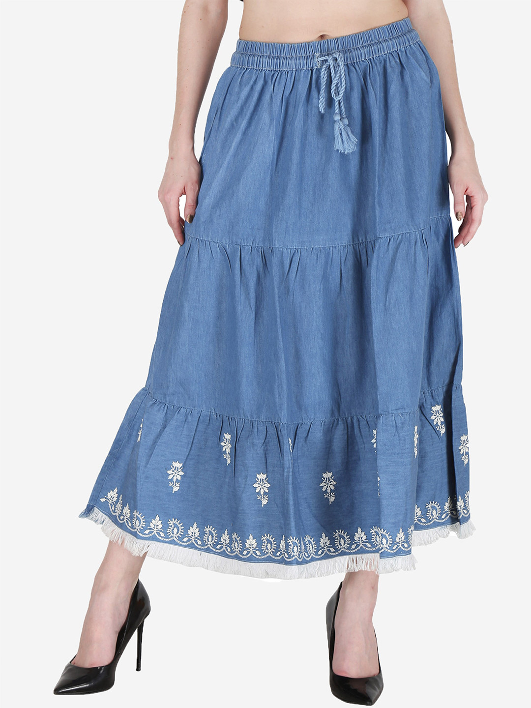 SUMAVI-FASHION Border Embroidered Flared Midi Denim Skirt