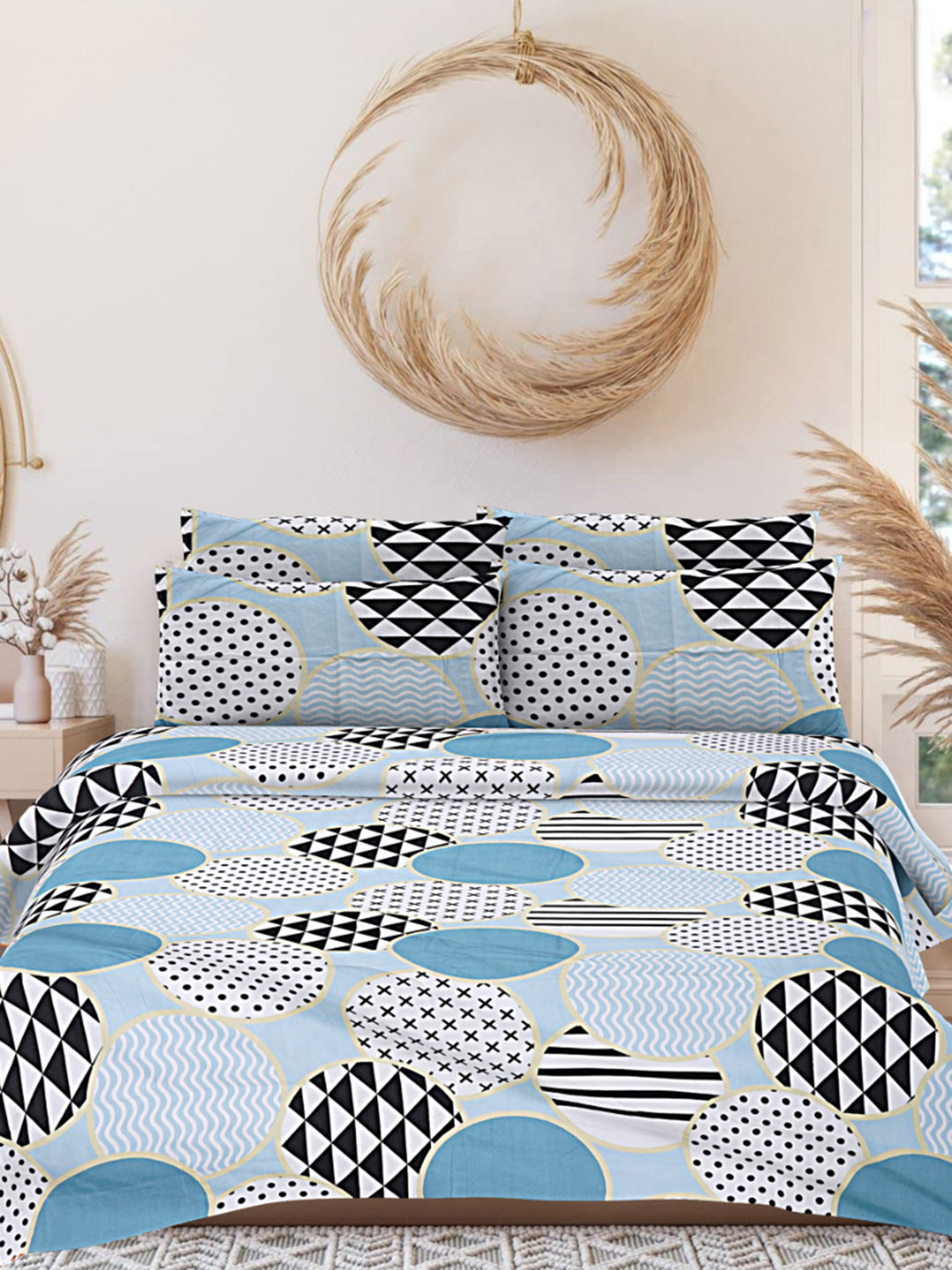 INDHOME LIFE Blue Geometric Cotton 180 TC Queen Fine Bedsheet with 2 Pillow Covers-108 x 108 inches