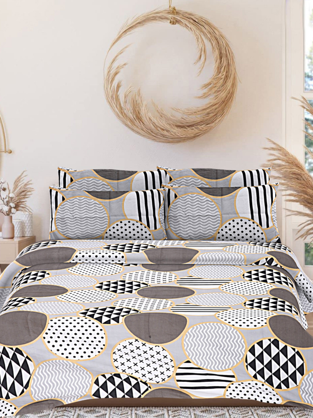 INDHOME LIFE Blue Geometric Cotton 180 TC Queen Fine Bedsheet with 2 Pillow Covers-274.32 x 274.32 cm