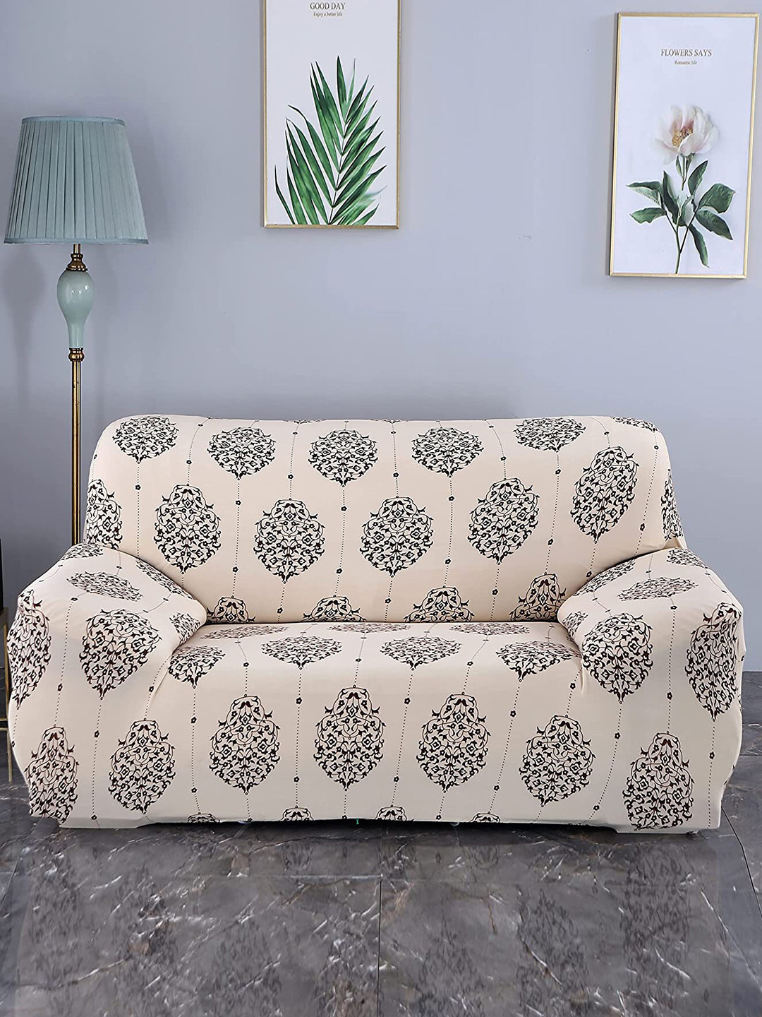 HOUSE OF QUIRK Cream-Colored & Brown Printed Stretchable Single-Seater Sofa Slipcover