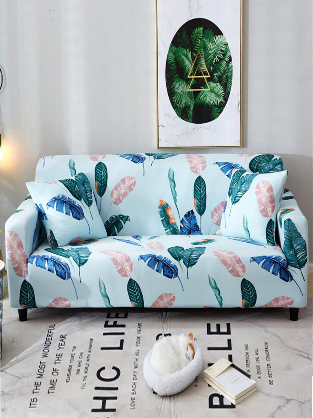 HOUSE OF QUIRK Blue & Green Printed Stretchable Single Seater Sofa Slip Cover