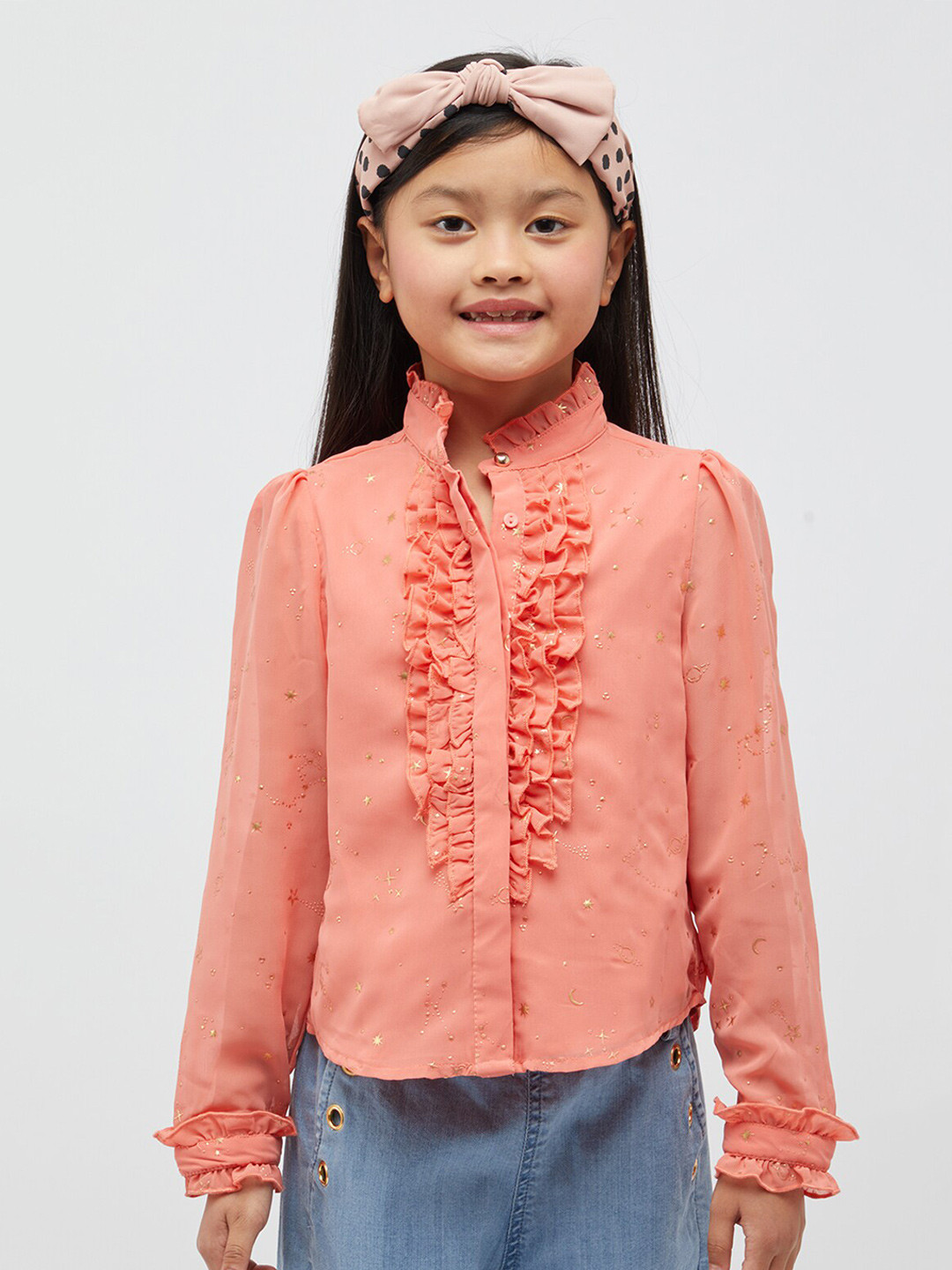 One Friday Girls Sparkle Printed Mandarin Collar Ruffled Shirt