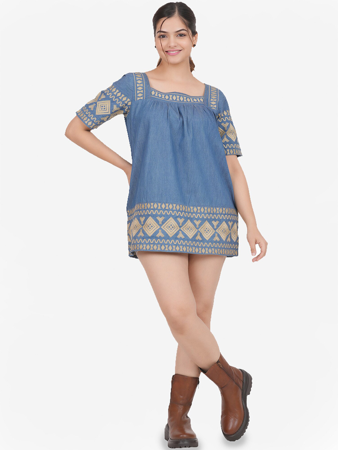 SUMAVI-FASHION Print Organic Cotton Denim A-Line Mini Dress