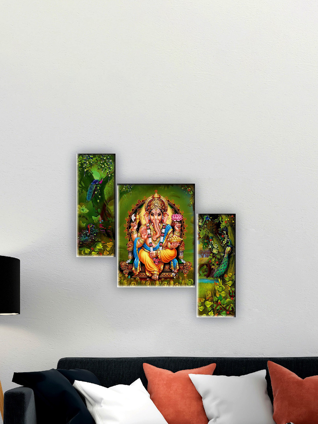 SAF Green & Blue 3 Pieces Lord Ganesha Painting Wall Arts