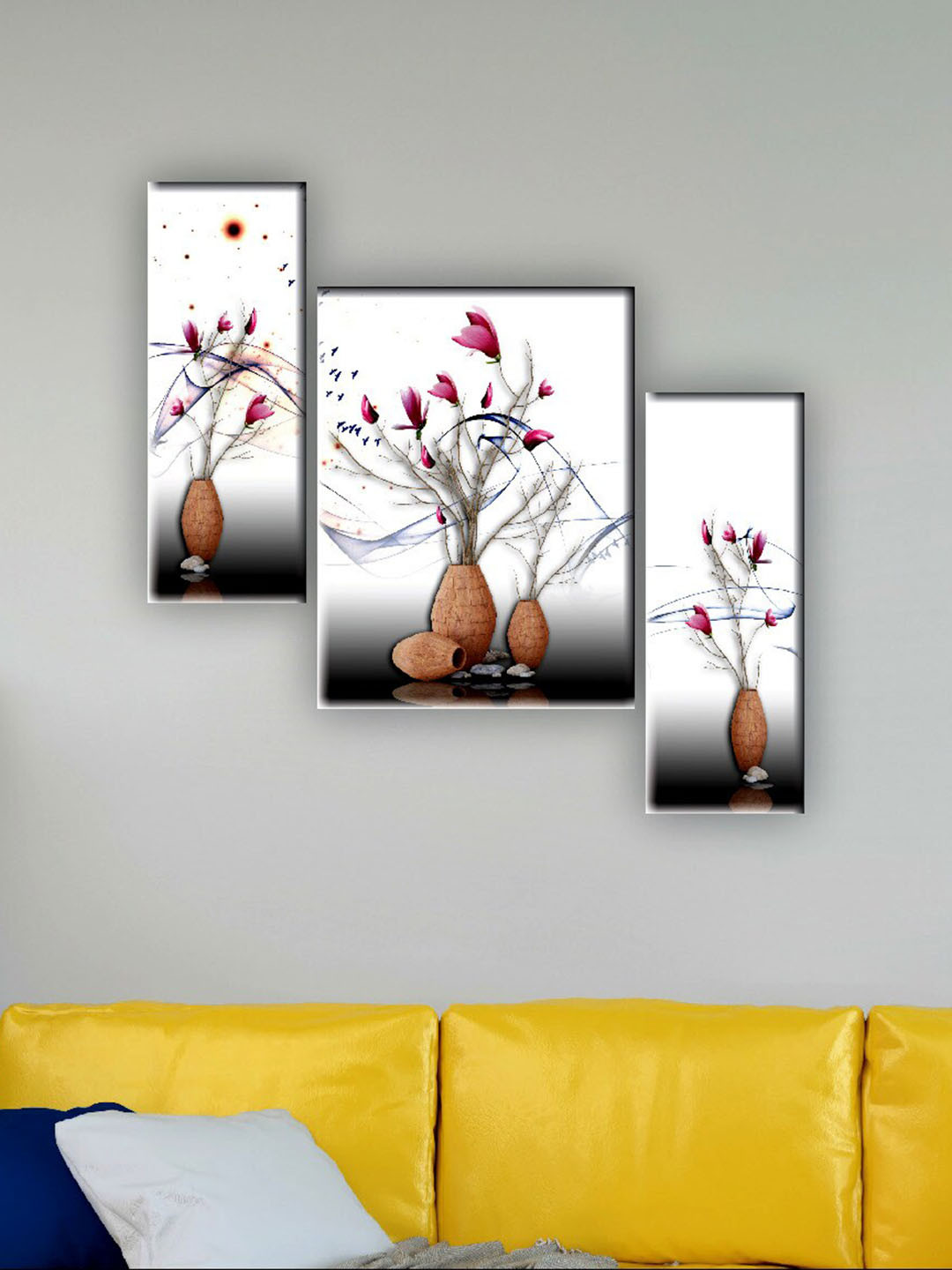 SAF White & Brown 3 Pieces Flower Pot Wall Art Painting