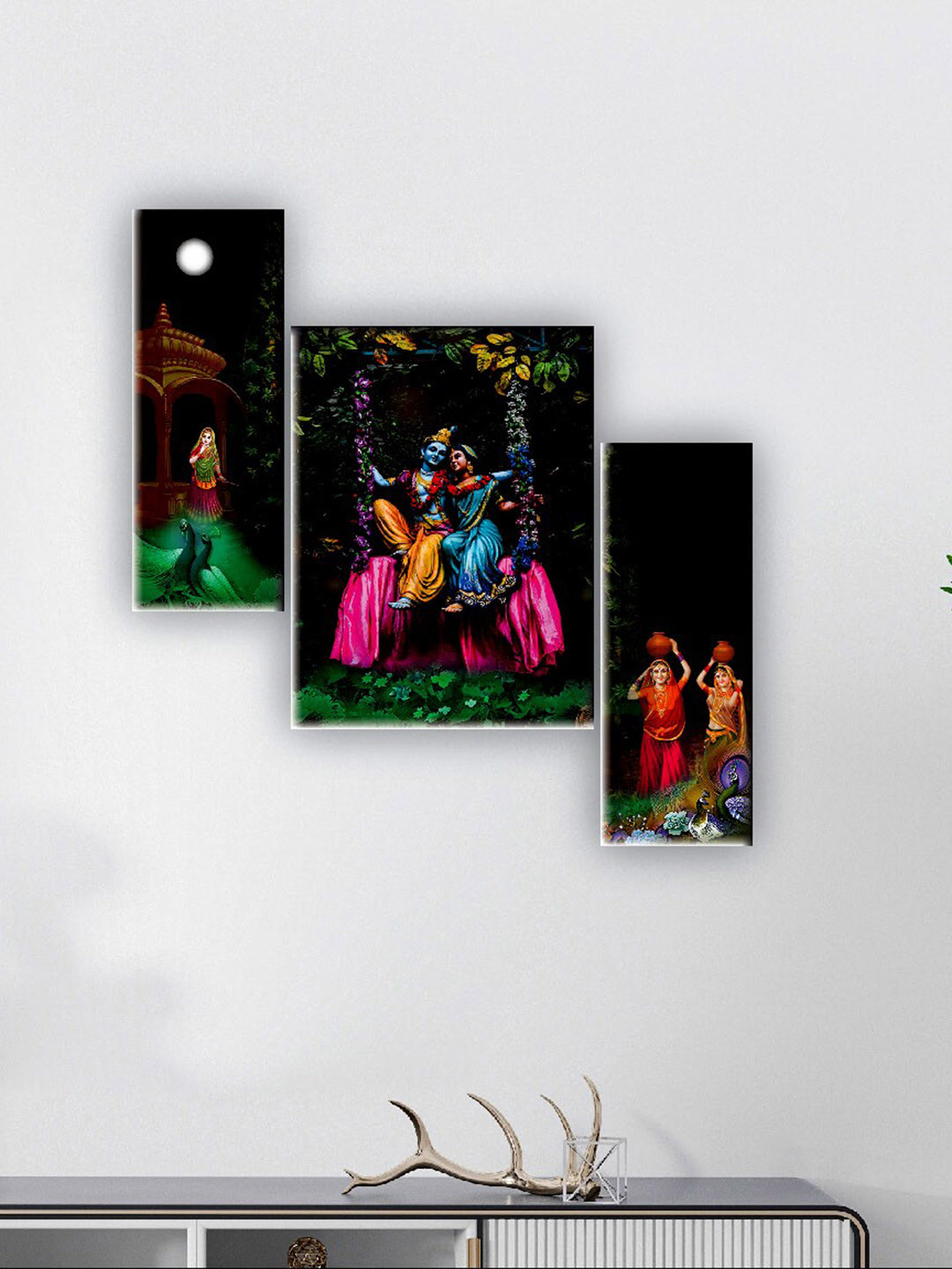 SAF Black & Pink 3 Pieces Radha Krishna Wall Art Painting