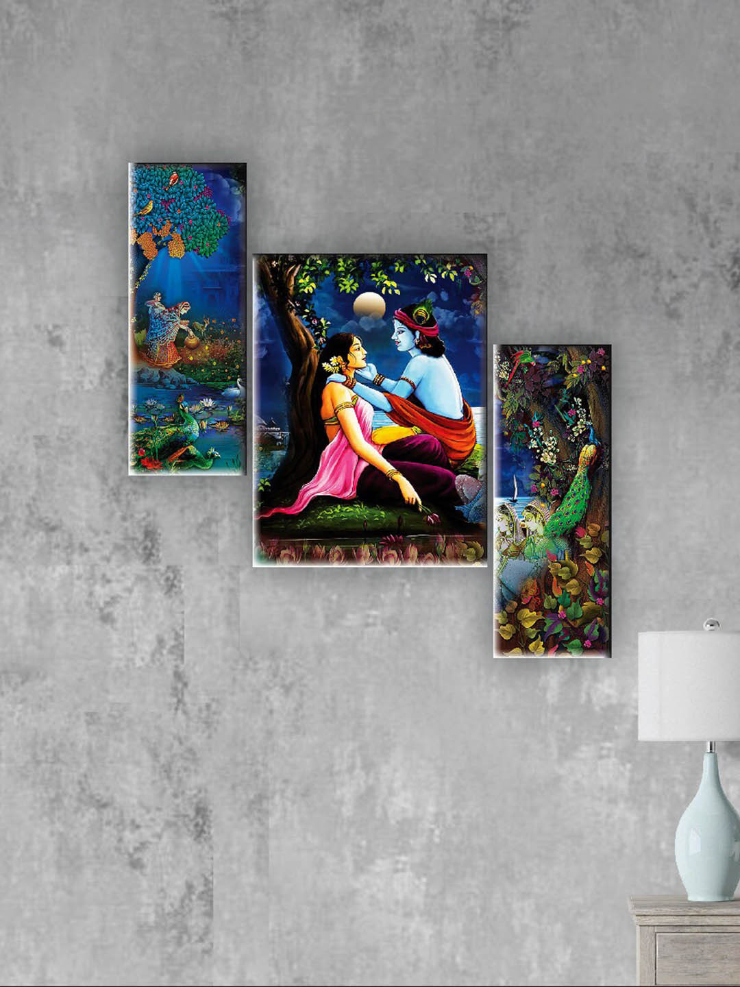 SAF Blue & Green 3 Pieces Radha Krishna Wall Art Painting