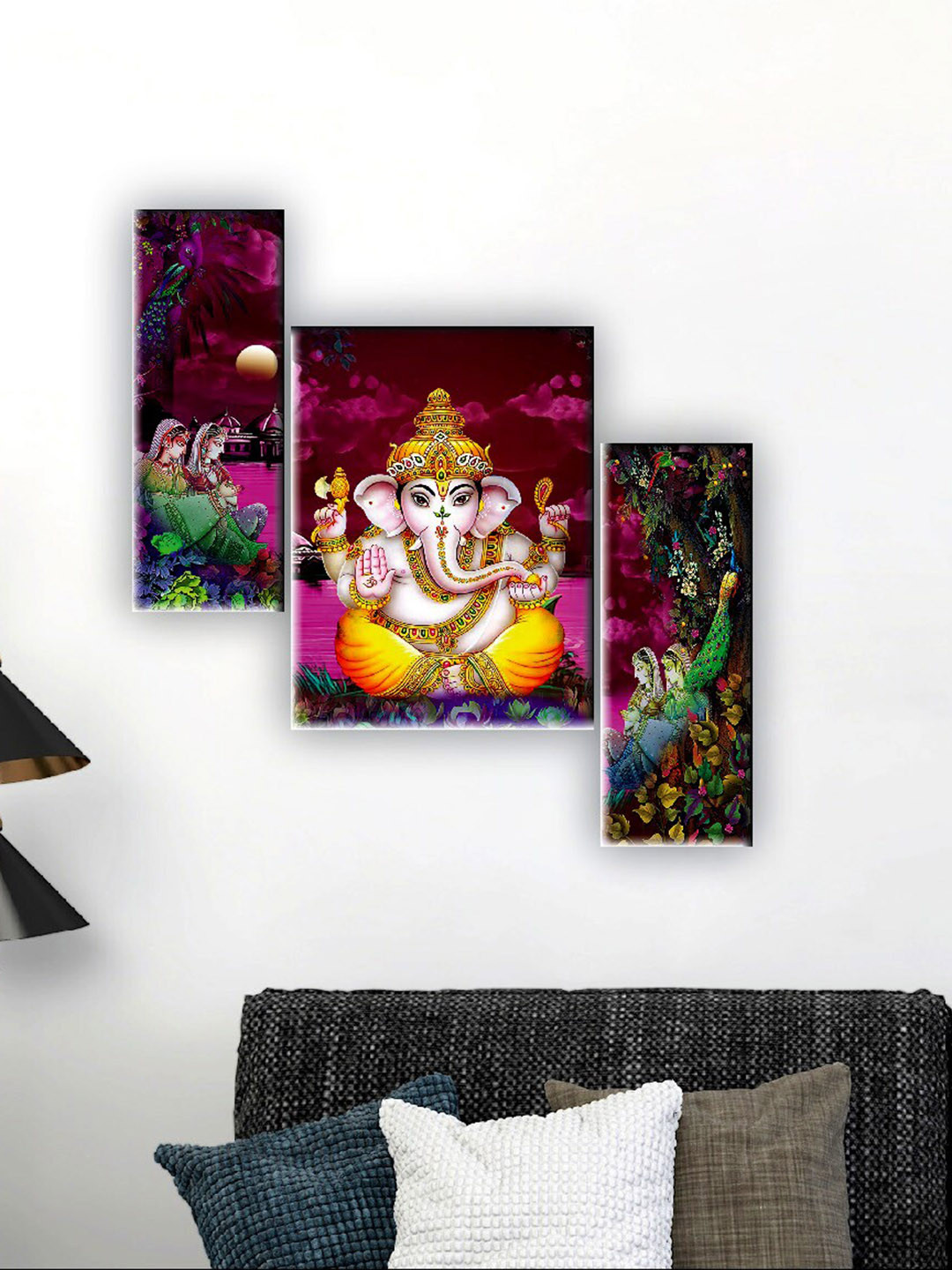 SAF Lord Ganesha MDF 3 Piece Wall Rectangle Paintings Wall Art -18.5 x 12In