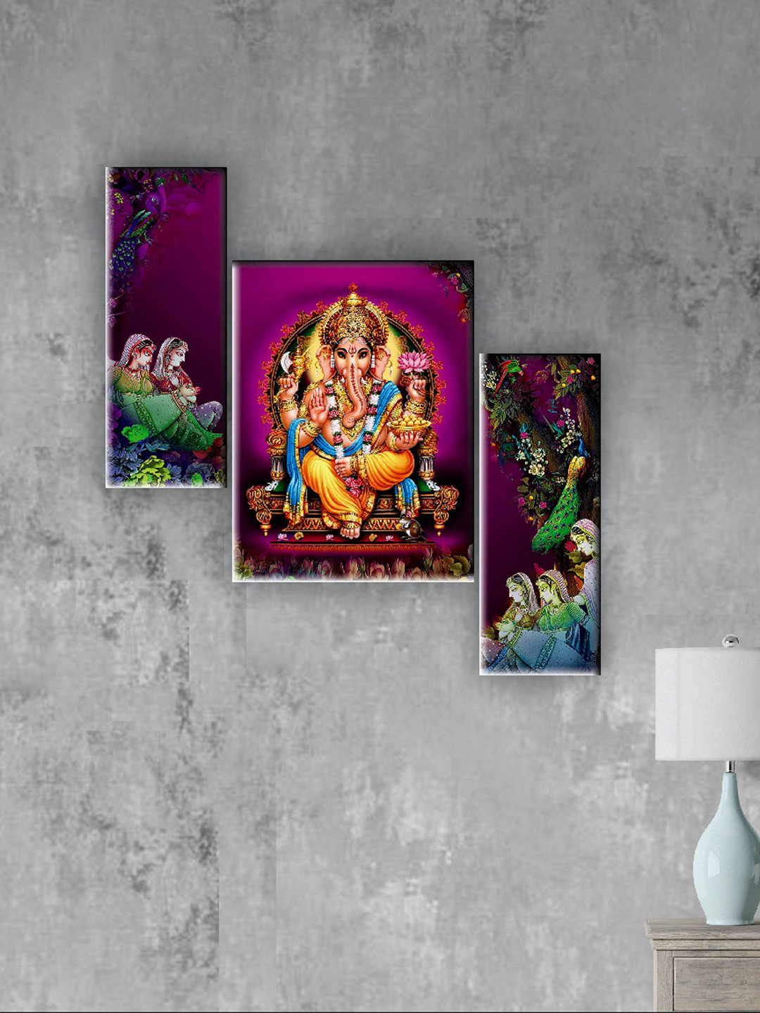 SAF Purple & Blue 3 Pieces Lord Ganesha Wall Art Painting