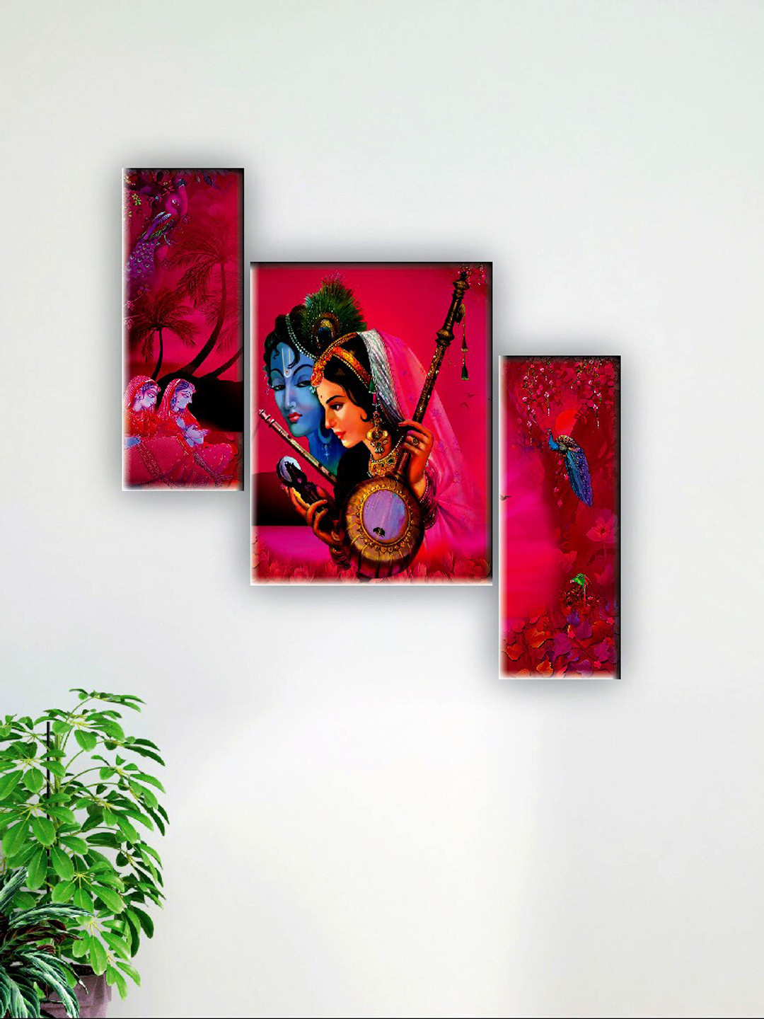 SAF Pink & Blue 3 Pieces Krishna & Meera Bai Wall Art Painting
