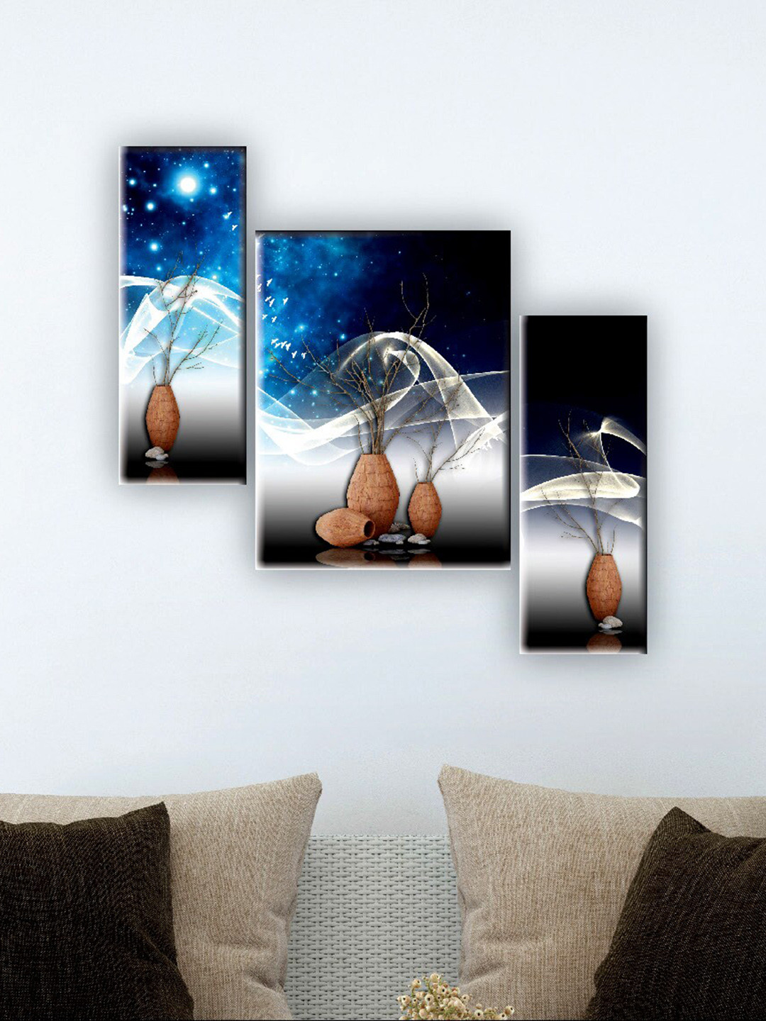 SAF Blue & White 3 Pieces Flower Pot Wall Art Painting