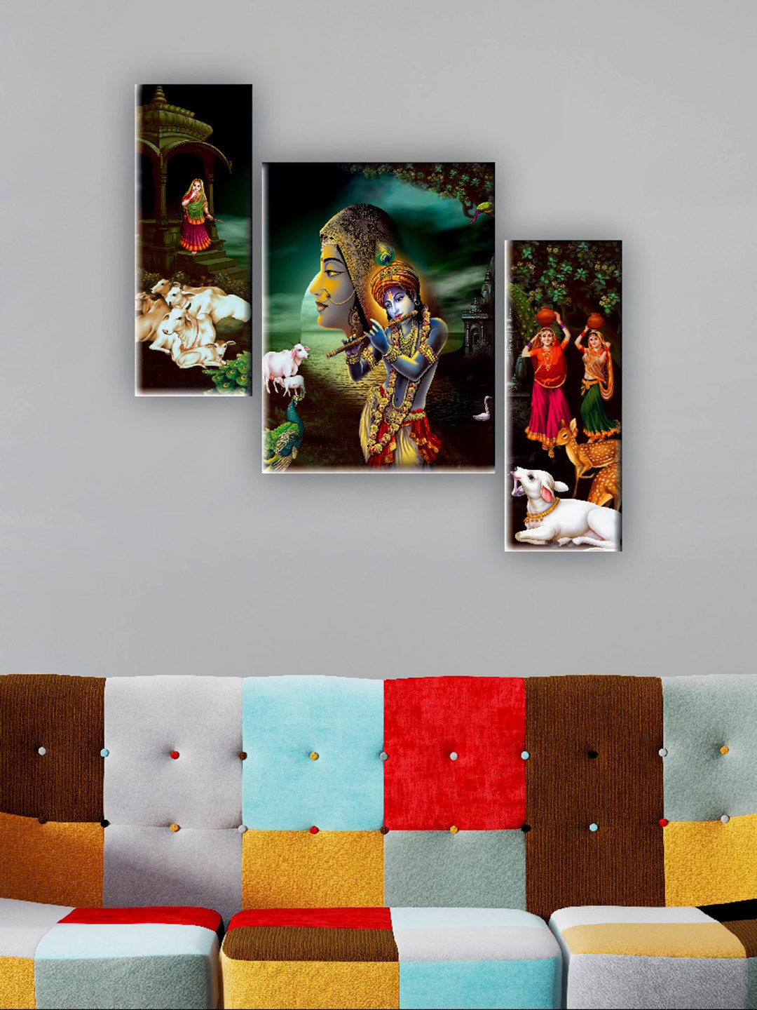 SAF Radha Krishna MDF 3 Pcs Wall Rectangle Paintings Wall Art -18x2.4In
