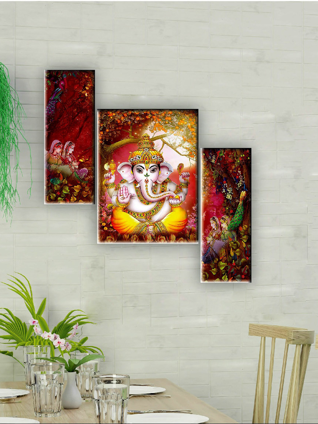 SAF Brown & Pink 3 Pieces Lord Ganesha Wall Art Painting