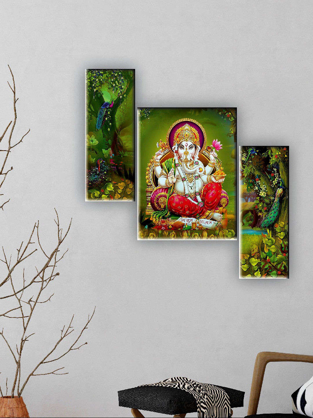 SAF Blue & Red 3 Pieces Lord Ganesha Wall Art Painting