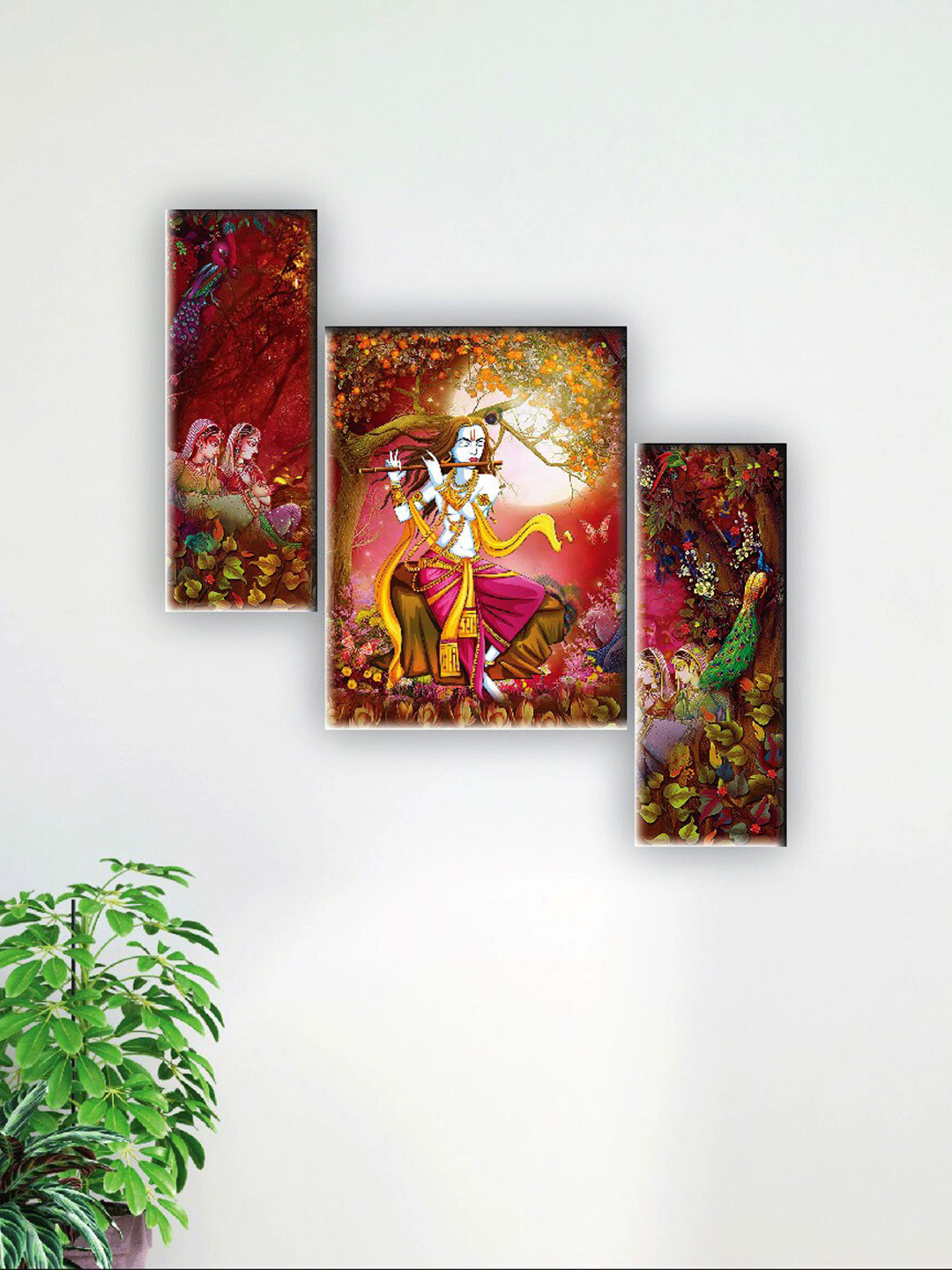 SAF Brown & Pink 3 Pieces Krishna Wall Art