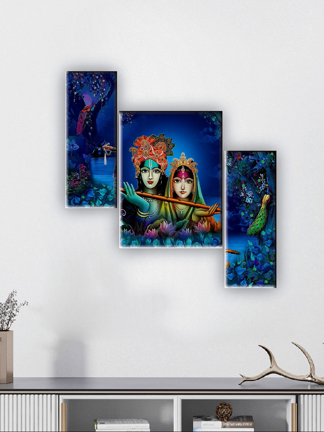 SAF Lord Krishna Blue MDF 3 Pcs Wall Living Room Rectangle Paintings Wall Art -18 x 12In