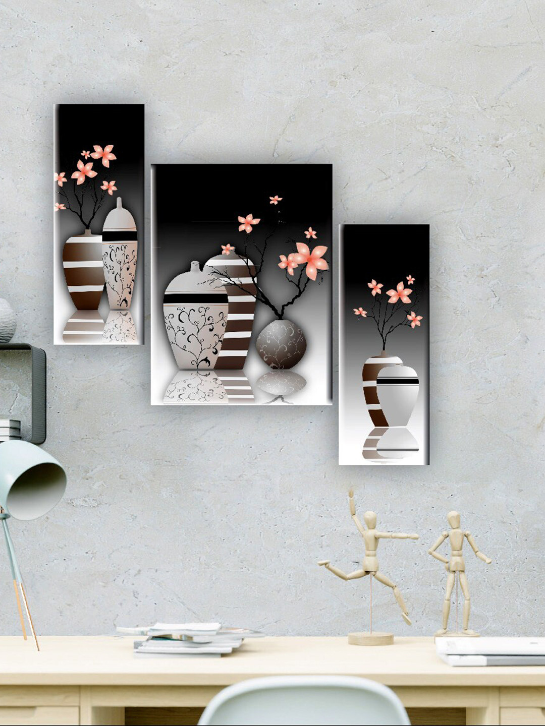 SAF Flower Pot Paper 3 Piece Wall Rectangle Portrait Paintings Wall Art-17.7 x 11.8In