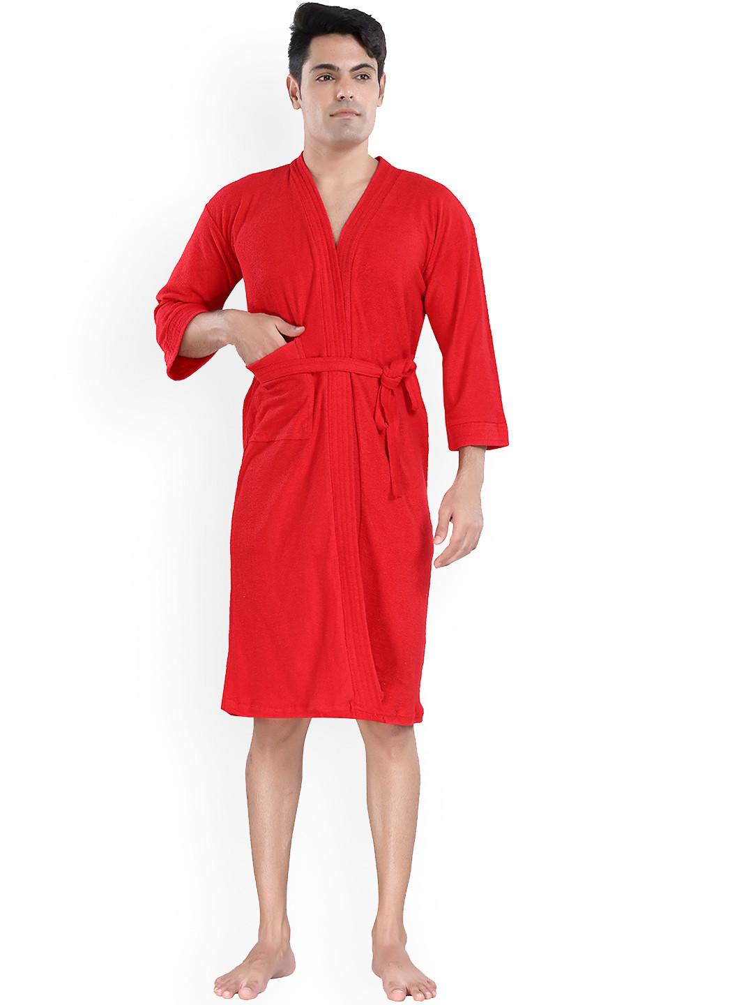 HotGown Red Solid Cotton Drawstring Knee Length Bath Robe-S