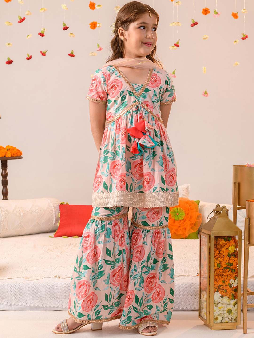 Pspeaches Girls Peach Floral Cotton Kurta Sharara Dupatta Set