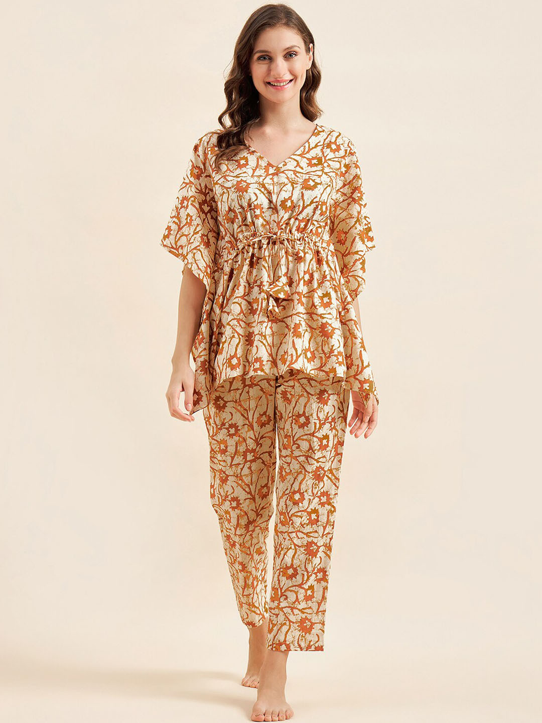 Sweet Dreams Brown & White Ethnic Motifs Printed Pure Cotton Night Suit