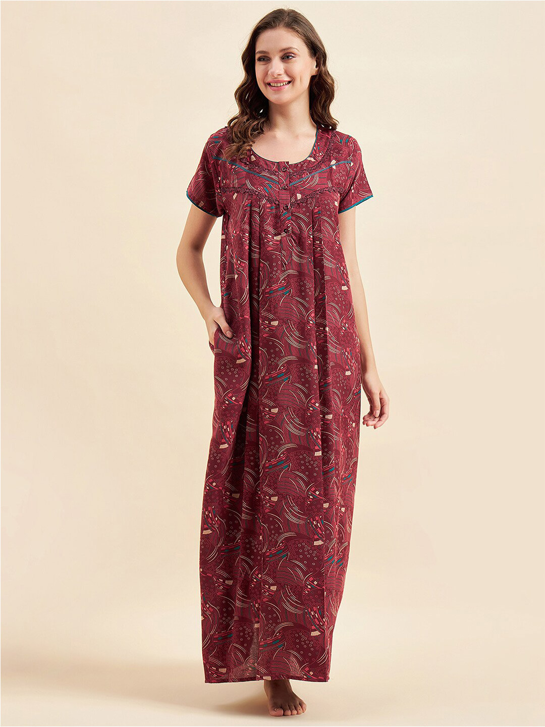 Sweet Dreams Maroon& White Printed Pure Cotton Maxi Nightdress