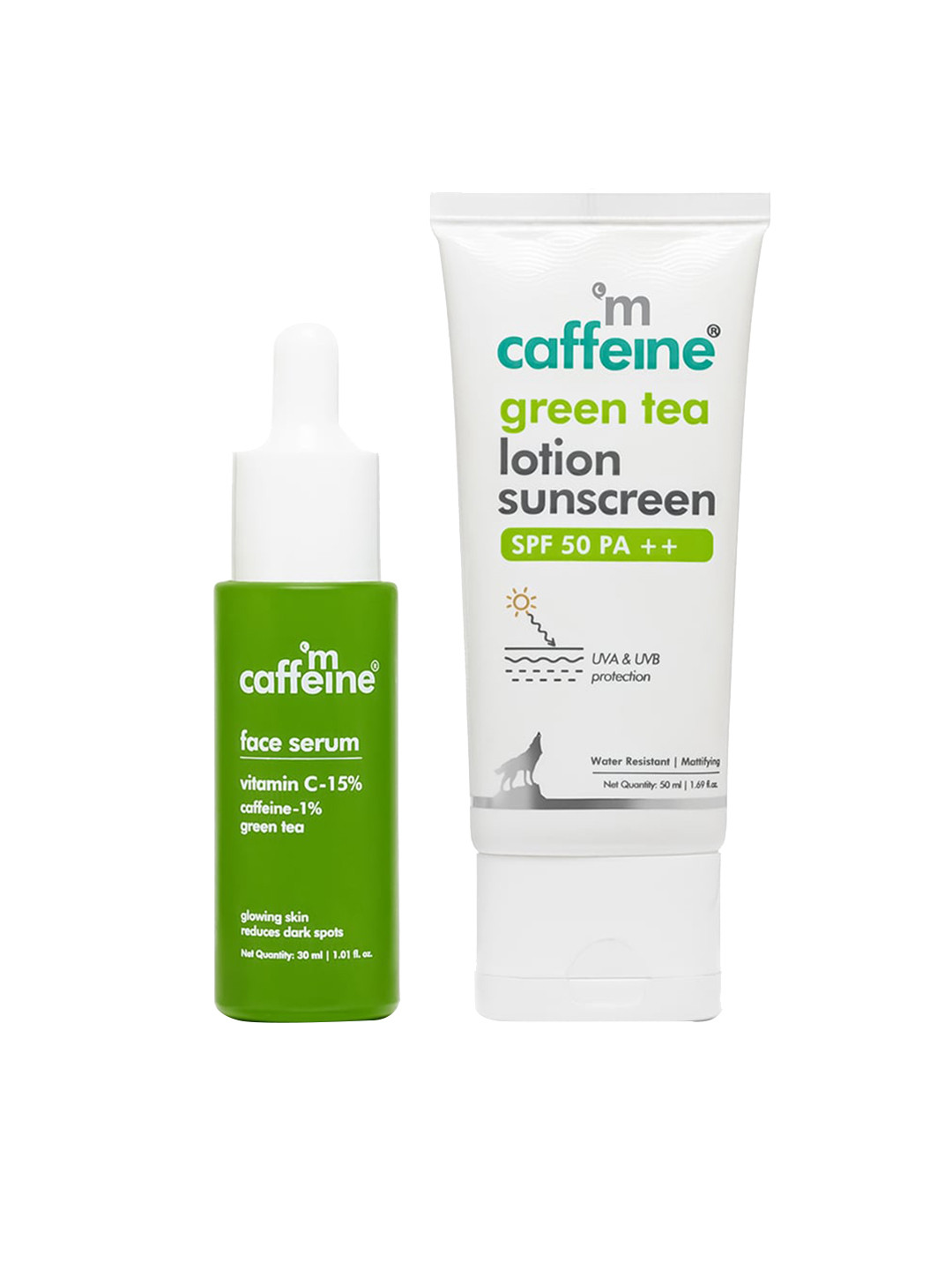 MCaffeine Set of Green Tea Glow Sunscreen - 50 ml & Protect Essentials Face Serum - 30 ml
