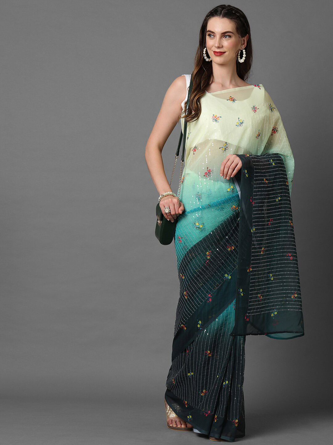 Mitera Off White Blue Sequin Embellished Poly Georgette Saree