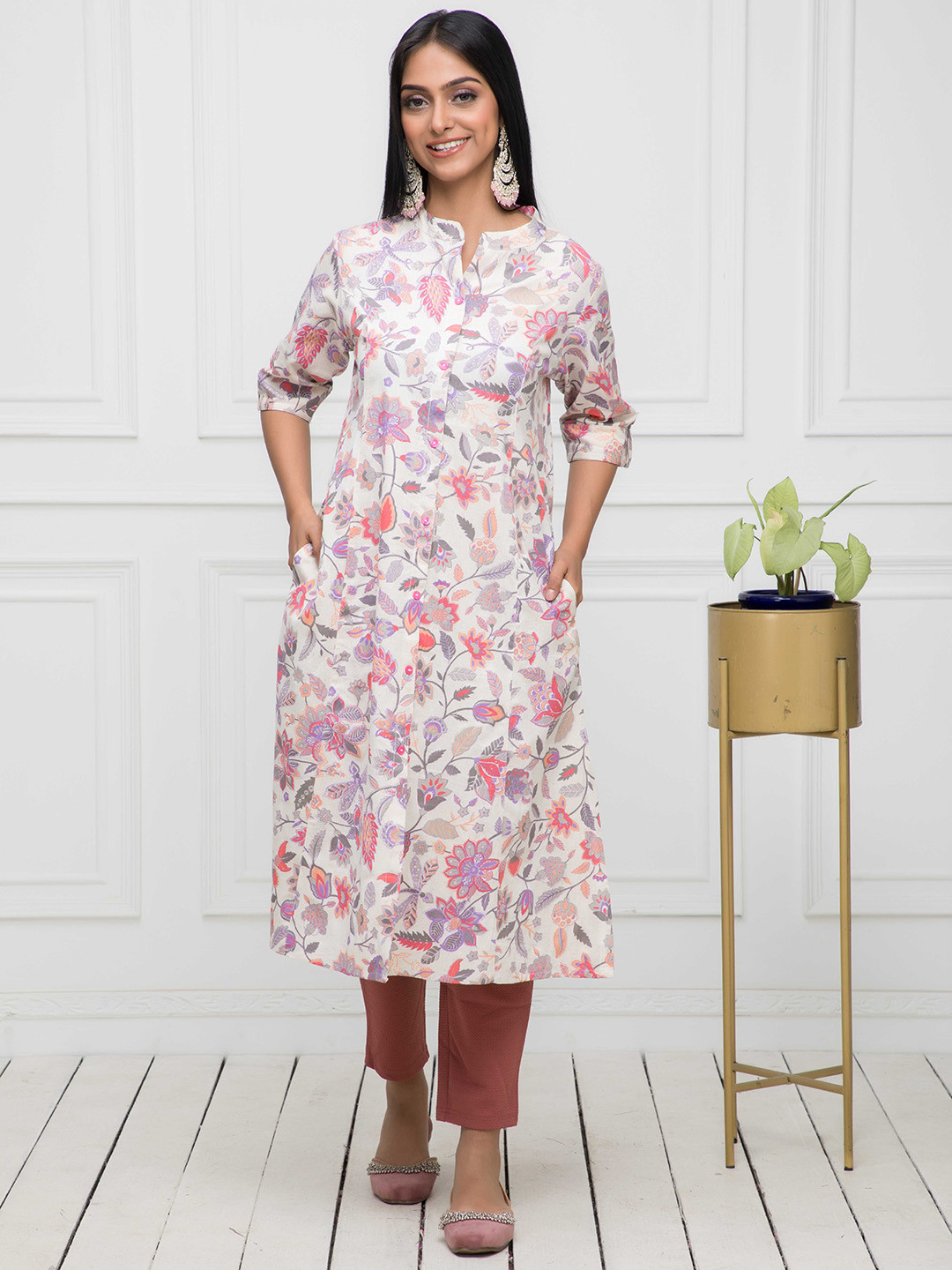 Myshka Mandarin Collar Floral Printed Pure Cotton A-Line Kurta