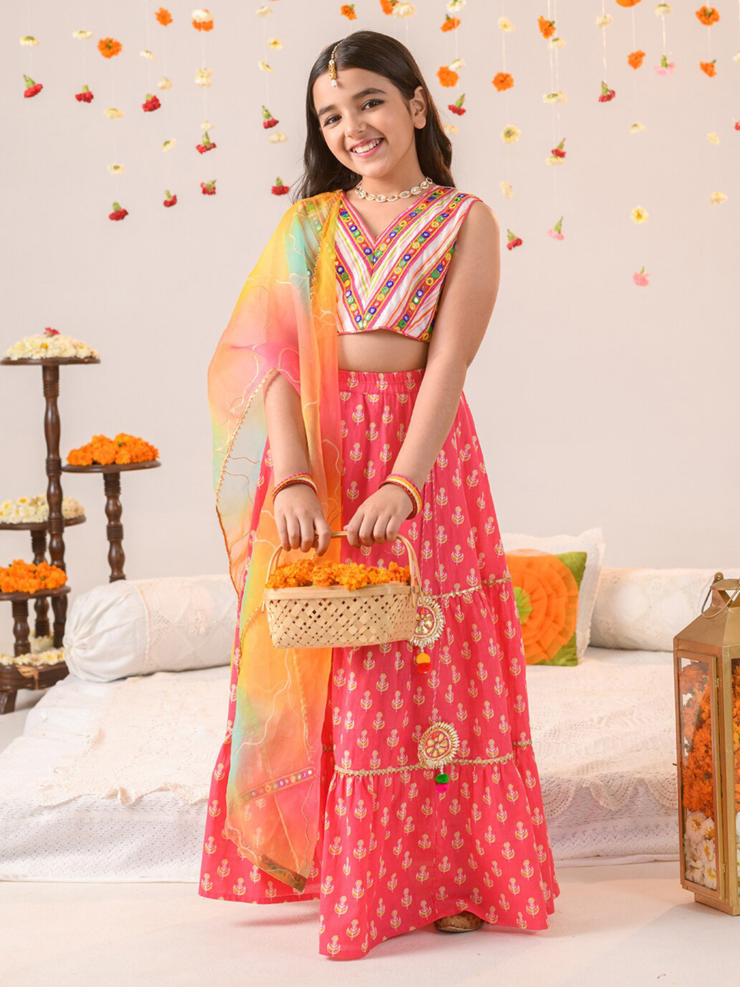 pspeaches Girls Embellished Mirror Work Lehenga Choli With Dupatta