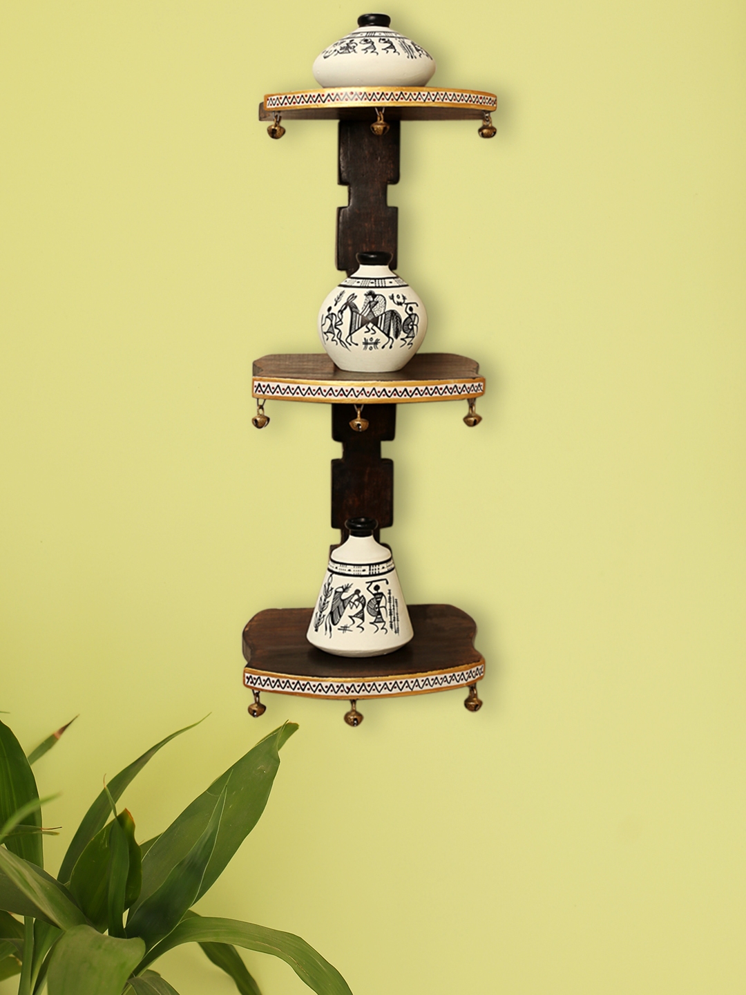 ExclusiveLane Wooden Wall Shelf With 3 Pc Terracotta Warli Handpainted Pots