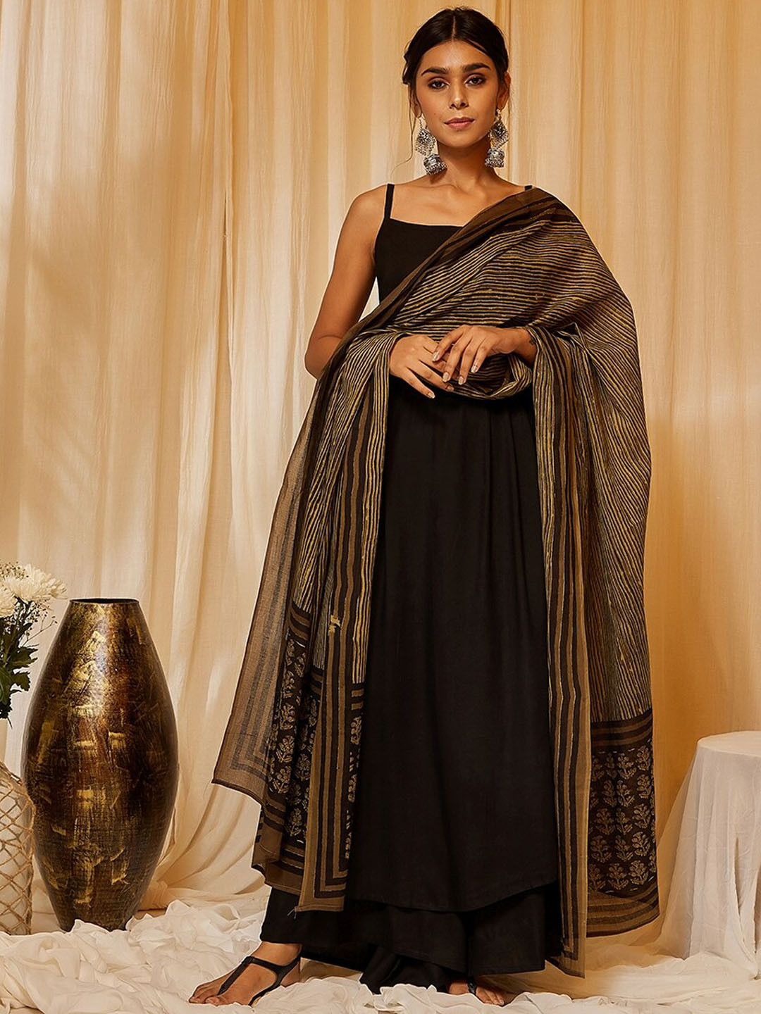 InWeave Black & Brown Shoulder Straps Pleated Anarkali Fusion Kurta with Palazzos & Dupatta