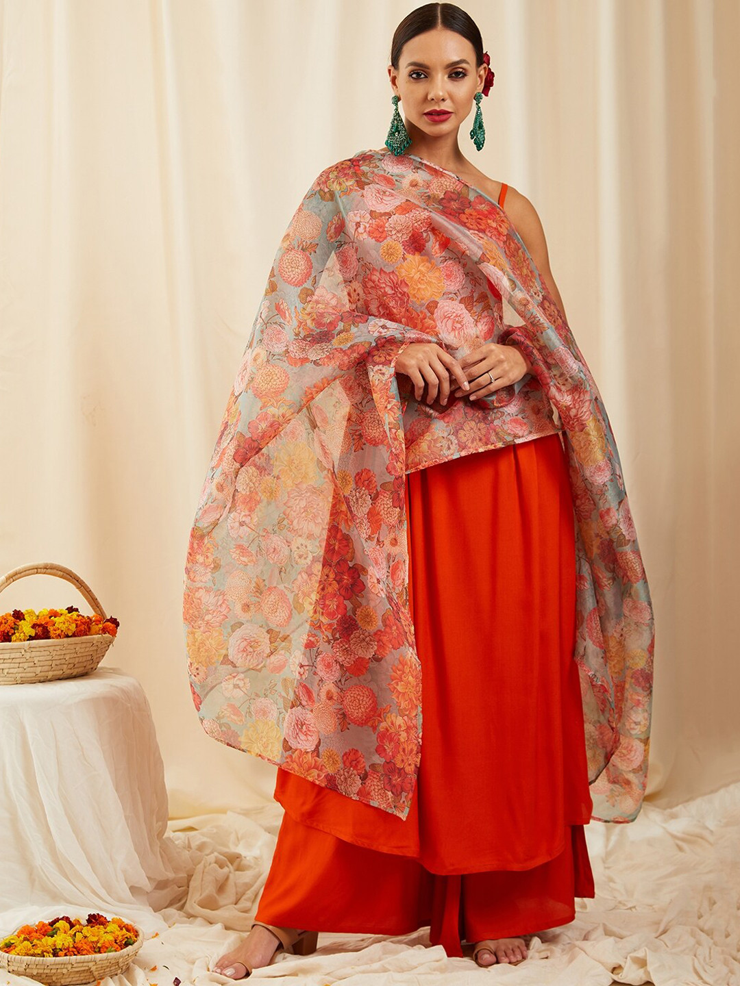 InWeave Orange & Pink Anarkali Kurta with Palazzos & Dupatta