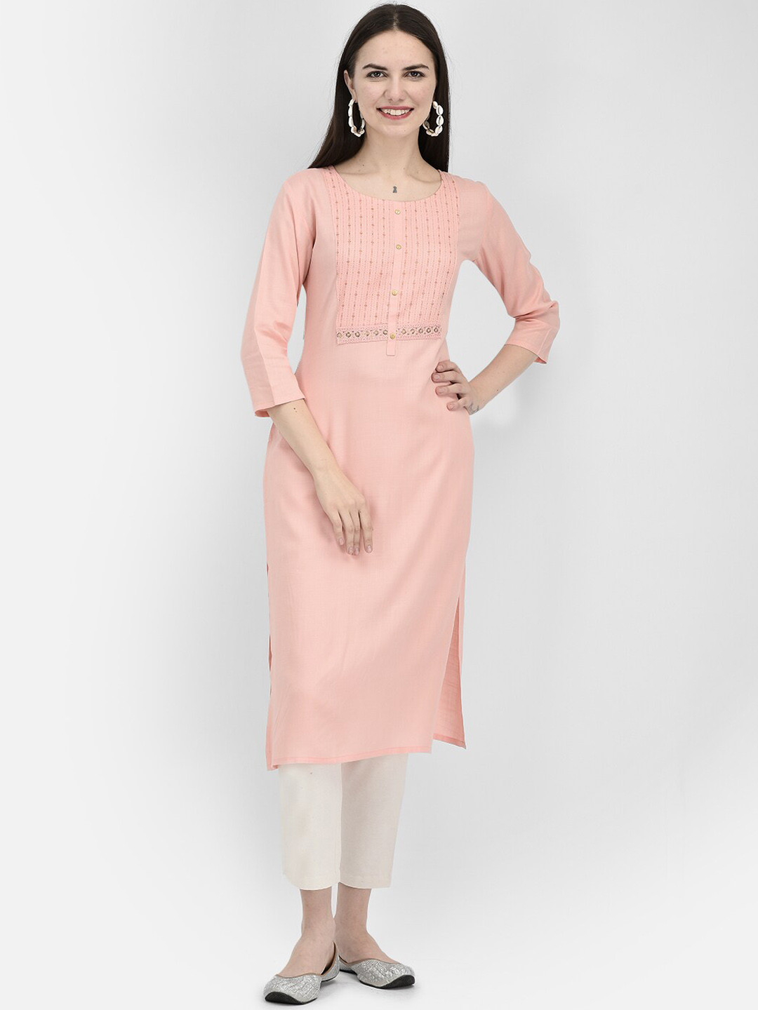 Span Yoke Design Embroidered Calf Length Straight Cotton Kurta