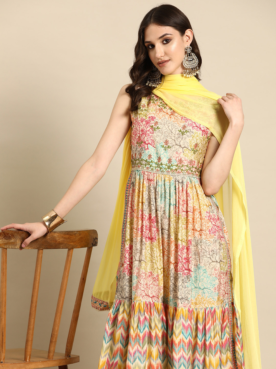Sangria Floral Embroidered High Slit Sequinned Kurta With Salwar & Dupatta