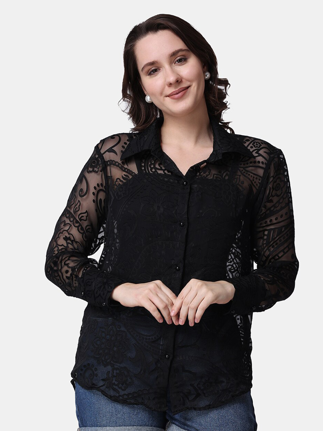 Popwings Relaxed Fit Sheer Casual Laced Shirt