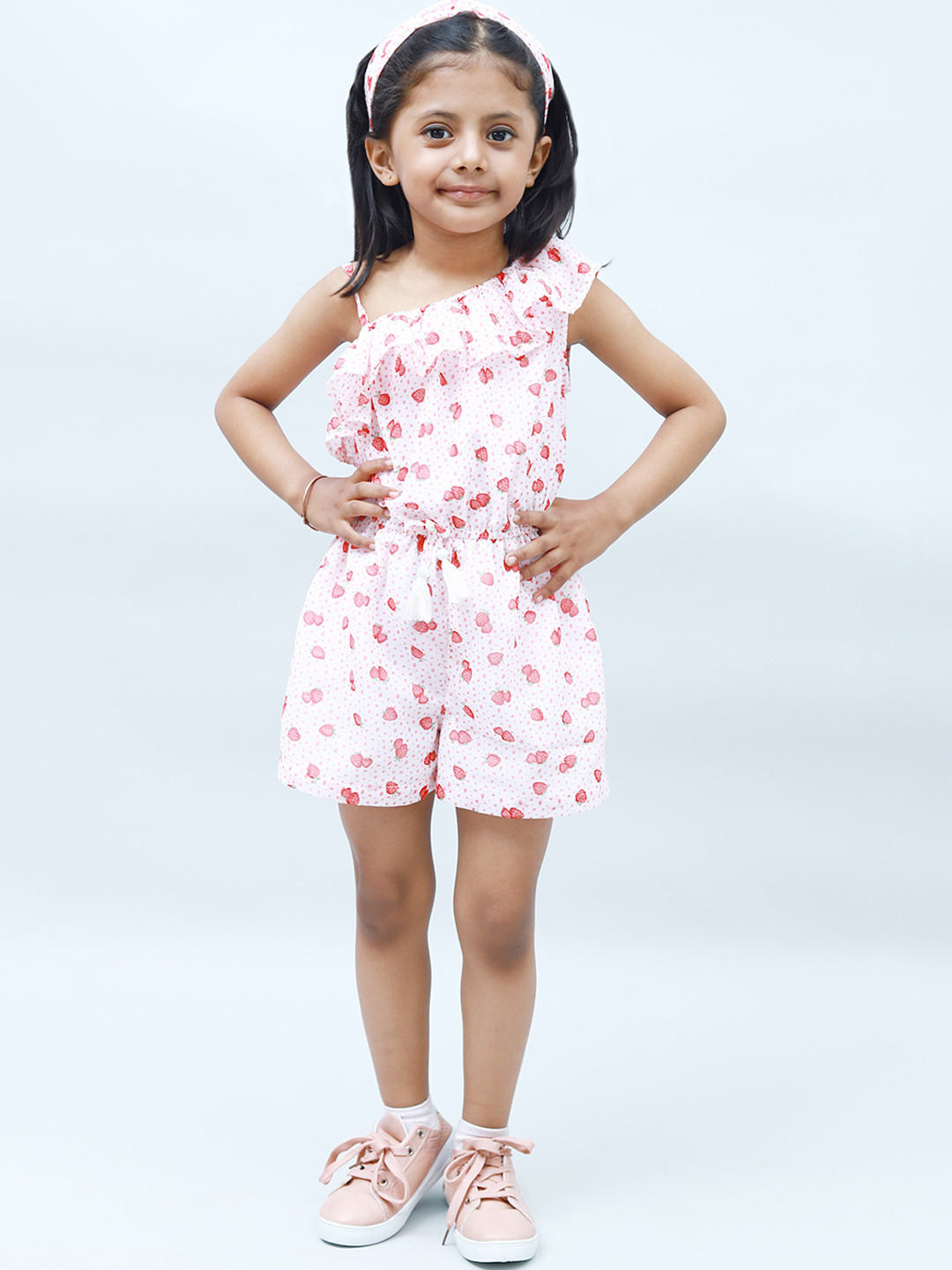 NUEVOSDAMAS Girls Strawberry Printed Georgette Playsuit With Ruffles