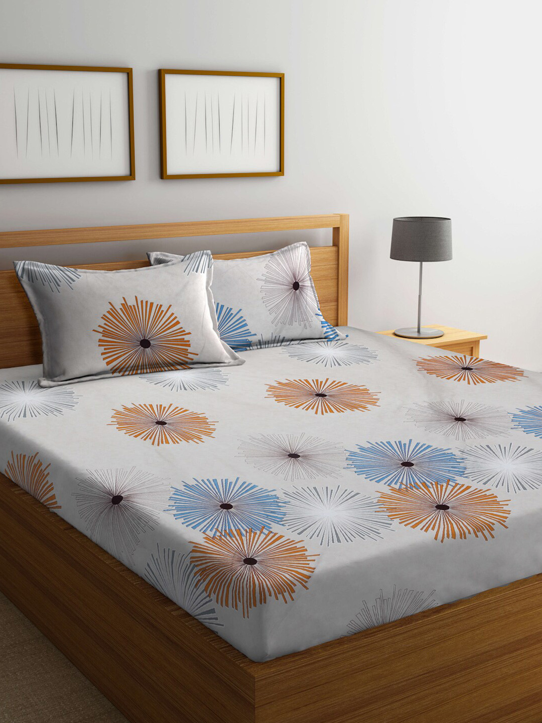 FABINALIV Grey Floral Polycotton Skin-Friendly 300 TC Fitted King Fine Bedsheet with 2 Pillow Covers-59 x 89 inches