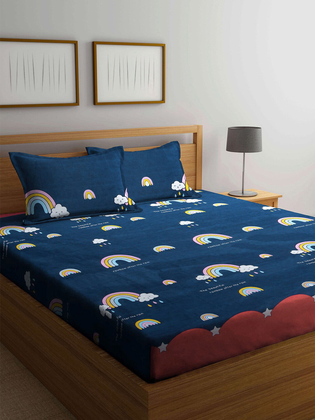 FABINALIV Blue & White Cartoon Print 300 TC Fitted King Bedsheet & 2 Pillow Covers