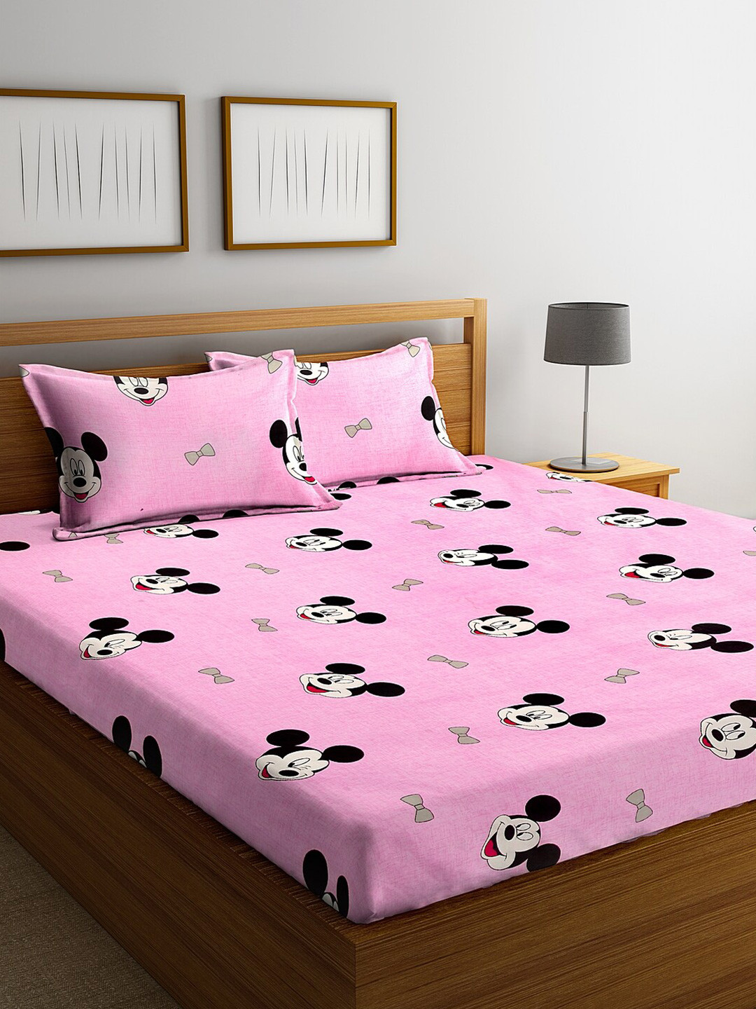 FABINALIV Pink Cartoon Characters Cotton 300 TC Fitted King Fine Bedsheet with 2 Pillow Covers-28 x 18 inches