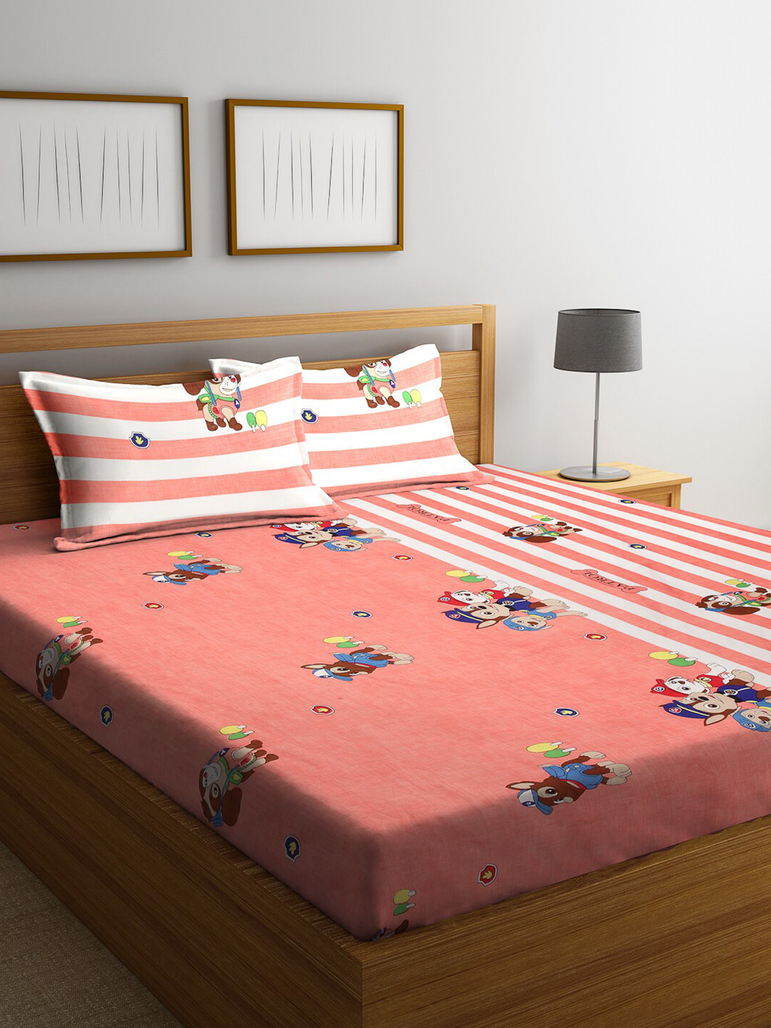 FABINALIV Peach Cartoon Characters Polycotton 300 TC Fitted King Fine Bedsheet with 2 Pillow Covers-98 x 89 inches