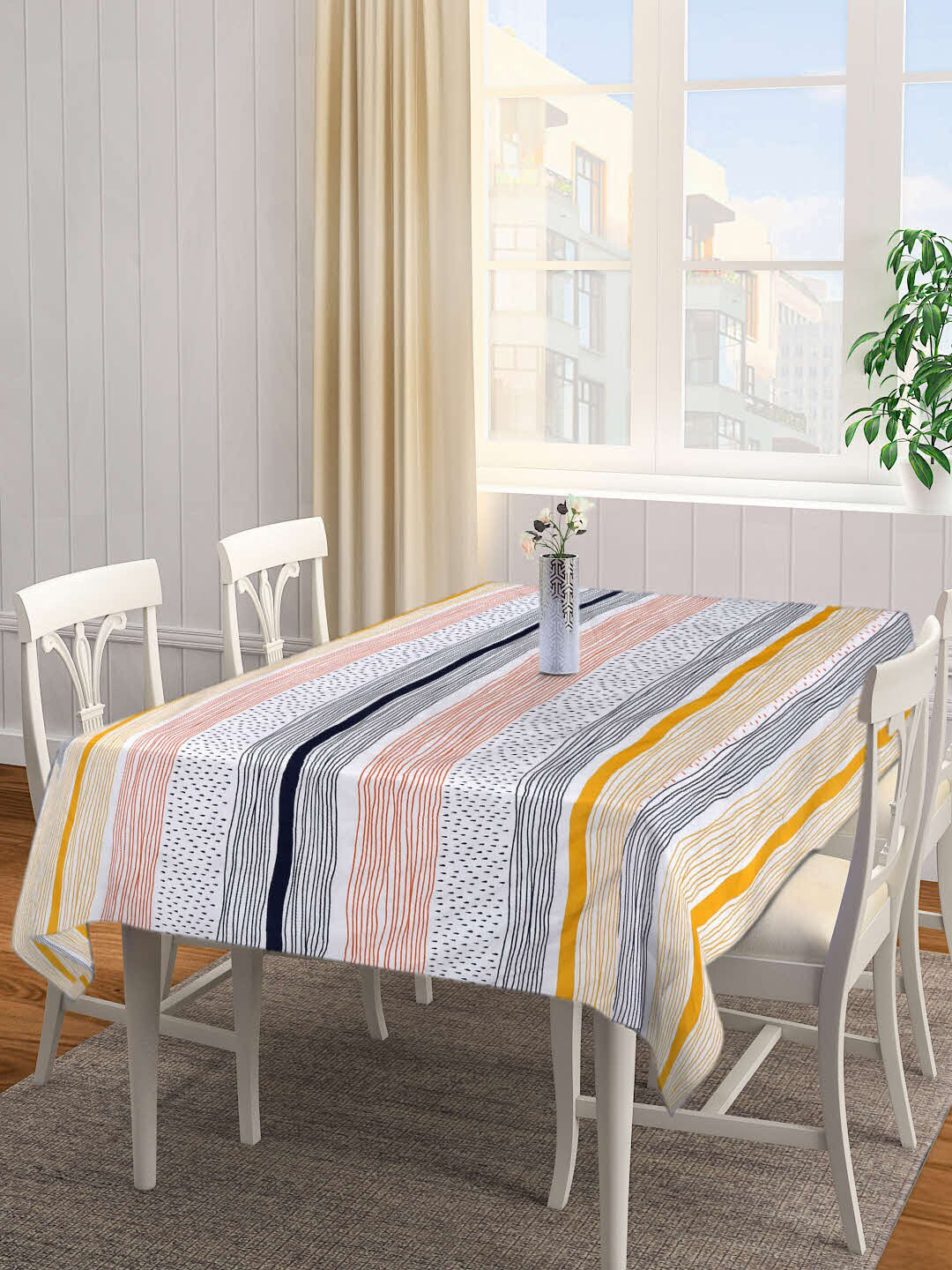 FABINALIV White & Blue Striped 300 TC Rectangular 6-Seater Table Cover