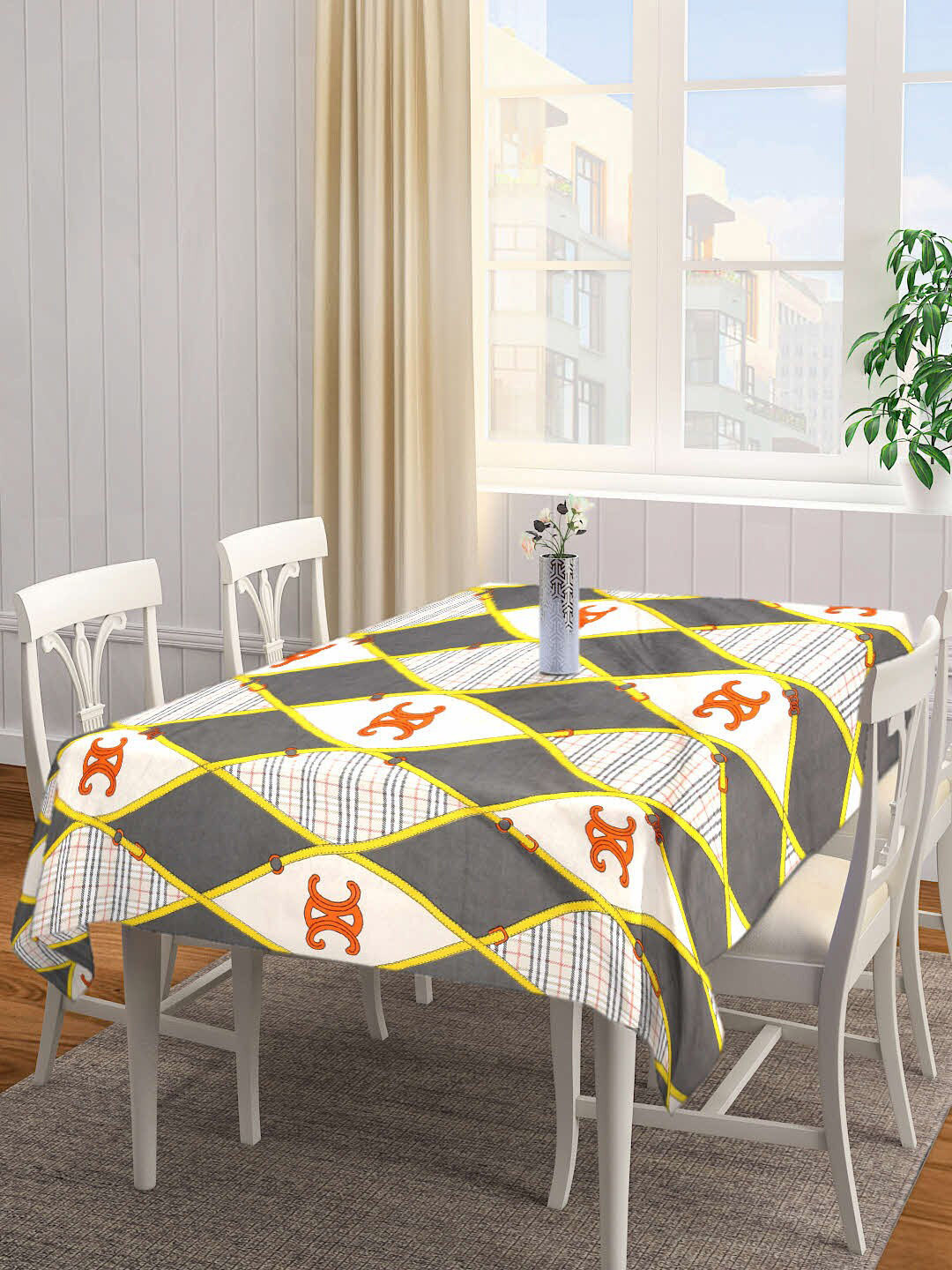 FABINALIV Grey & White Geometric Printed 300 TC Rectangular 6-Seater Table Cover