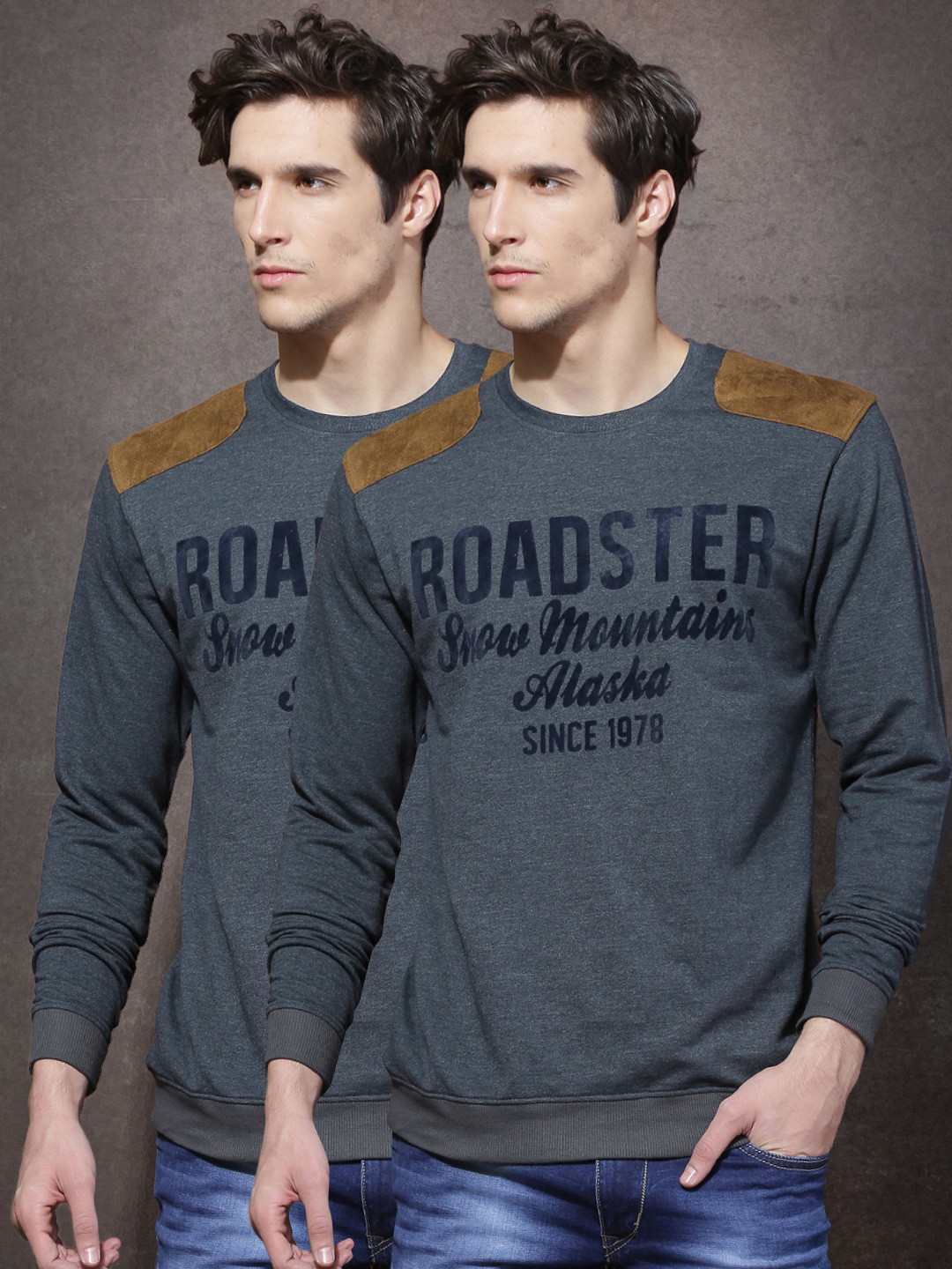 Roadster Men Pack of 2 Charcoal Grey Flock Print T-shirt