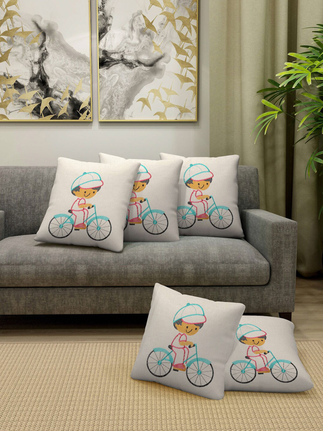 FABINALIV Off White Cotton Breathable 5 Piece Embroidered Square Cushion Covers -16x16In